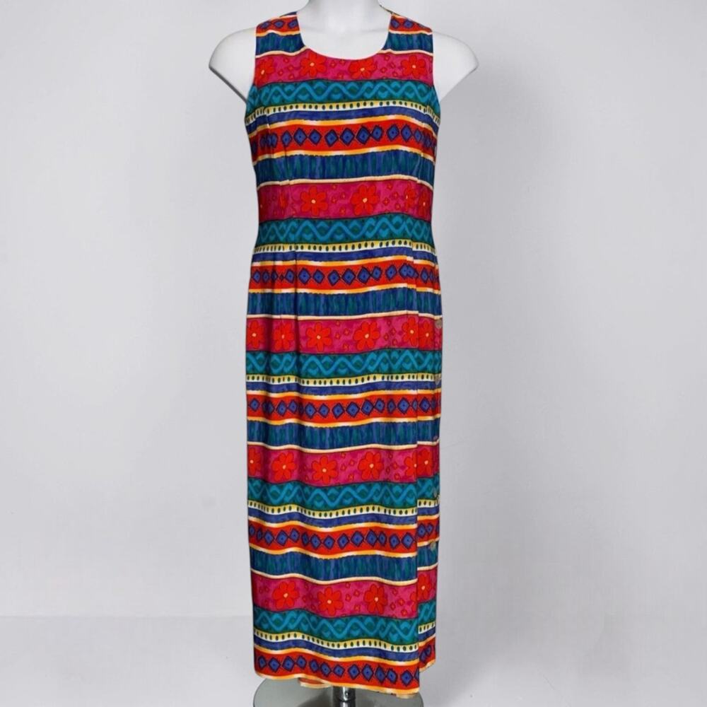 Vintage 90s Miss Dorby Floral Stripe Midi Maxi Dress Size 14 Retro 60s Mod Style